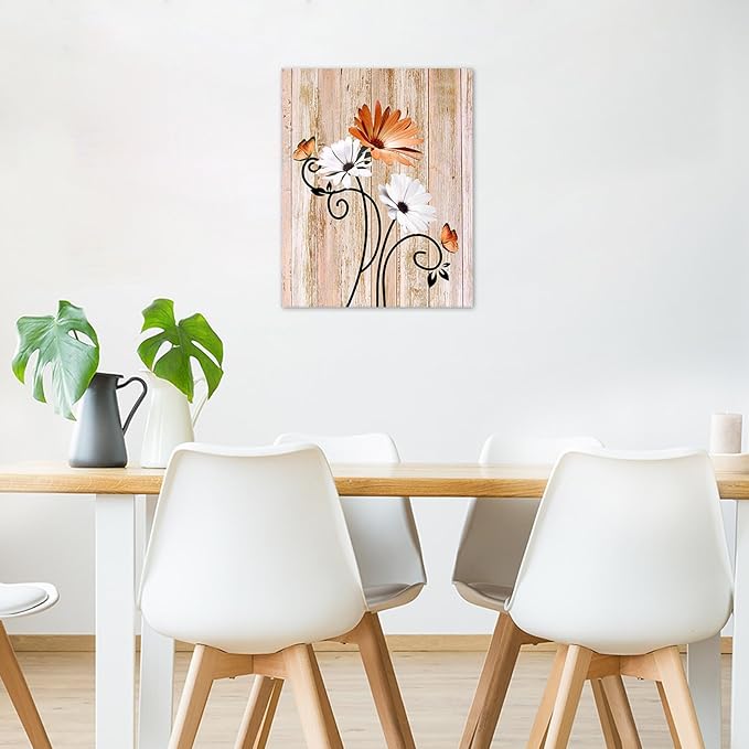 HVEST Orange Daisy Wall Art Vintage Floral and Butterfly on Rustic Wooden Canvas Wall Art Farmhouse Plant Wall Art for Living Room Bathroom Bedroom Office Decor, 20L x 16W Inches