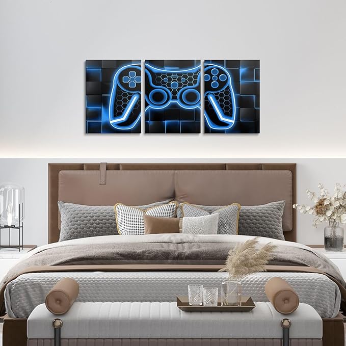Feelyou Gamer Canvas Wall Art Gaming Bathroom Wall Art for Home Decor 12"x16" 3 Piece for Teens Bedroom Decor Lighting Honeycomb Office Wall Artwork Posters Blue and Black Geometric Wall Painting