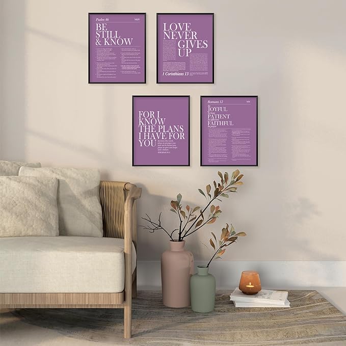 Locomiss Purple Christian Wall Art Decor, Modern Bible Verse Prints, Minimalist Jesus Scripture Wall Decor, Purple Inspirational Bible Posters for Bedroom Office Living Room, Set of 4 (8x10 Unframed)