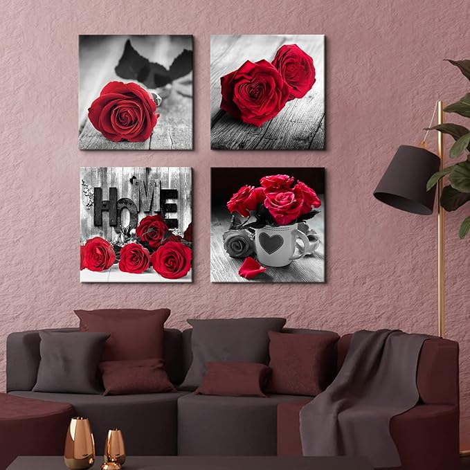 Red Rose Wall Art Red and Black Wall Decor for Living Room Master Bedroom Rustic Farmhouse Flowers Canvas Prints Floral Picture Love Themed Painting Modern Artwork Bathroom Home Decoration 24x24” 4Pcs