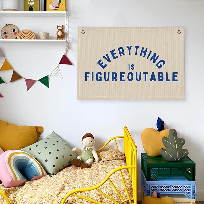 Everything is Figureoutable Inspirational Wall Decor, Motivational Classroom Wall Decor, Classroom Linen Canvas Banner Hanging Flag, 20x30 Inch - Blue
