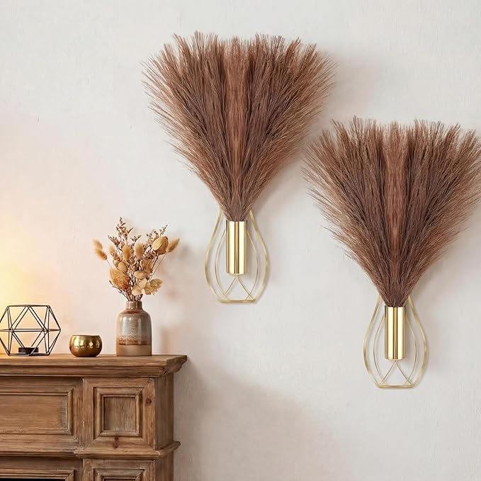 Otoolling 2 Pieces Hanging Plant Wall Decor with Artificial Pampas Grass Metal Hanging Vase Modern Geometric Farmhouse Bohemian Wall Art for Living Room Bedroom Kitchen Bathroom Office(Gold, Brown)