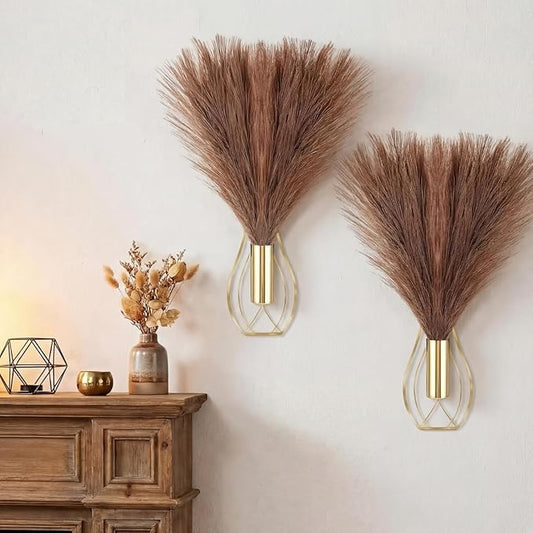 Otoolling 2 Pieces Hanging Plant Wall Decor with Artificial Pampas Grass Metal Hanging Vase Modern Geometric Farmhouse Bohemian Wall Art for Living Room Bedroom Kitchen Bathroom Office(Gold, Brown)