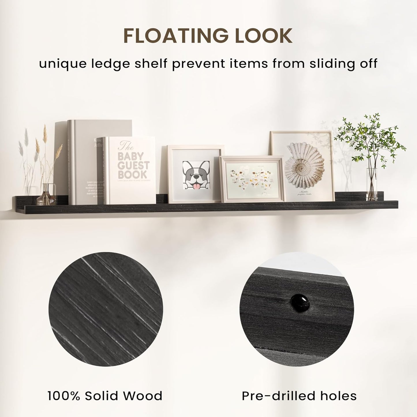 Floating Shelves for Wall, Picture Ledge Shelf 24 Inch Solid Wood Set of 2, Rustic Wall Shelves with Lip, Kids Bookshelf, Photo & Picture Live Edge Floating Shelves for Bedroom, Living Room, Kitchen