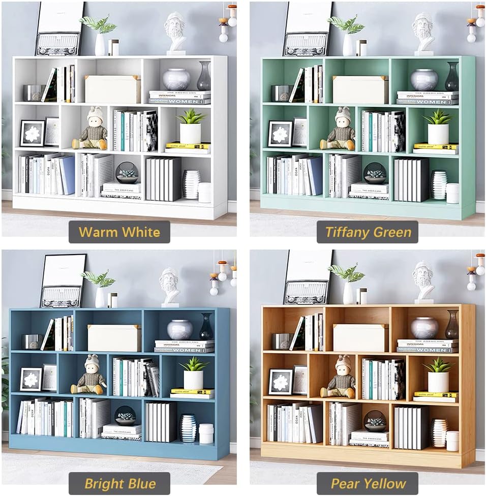 IOTXY Open Shelf Low Bookcase - Wooden 3-Tier Floor Standing Display Cabinet Organizer with Base, 10 Cubes Short Horizontal Bookshelf in Tiffany-Green