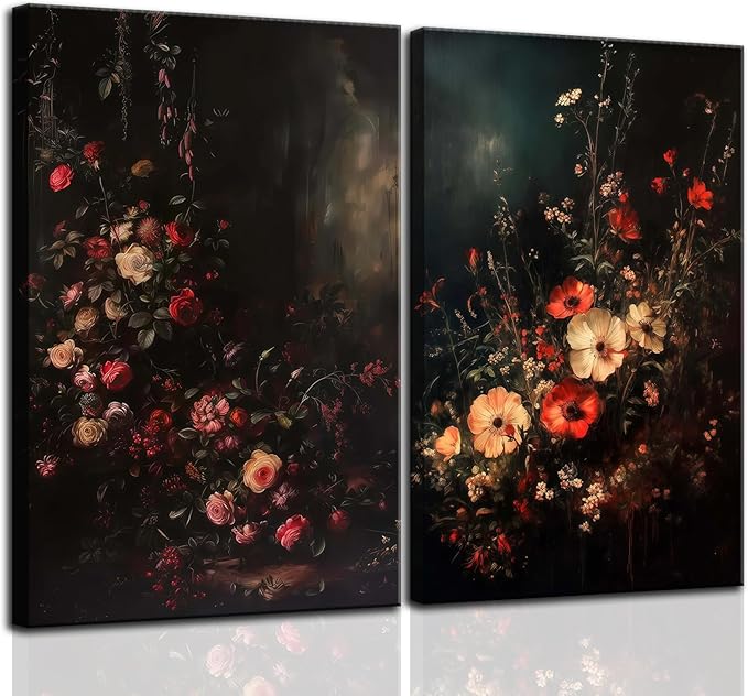 2Pcs Framed Canvas Prints Art Vintage Moody Floral, Classical Fall Wildflower Floral Painting, Rustic Dark Autumn Flower Wall Art for Living Room Bedroom Home Bathroom Wall Decor, 16x24in