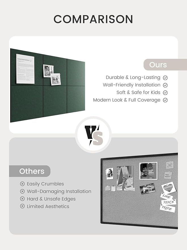 Bumusty Large Cork Board 36" x 24" Alternative - 6 Pack Felt Wall Tiles with 40 Safe Removable Adhesive Tabs, 30 Pushpins, Cork Boards for Walls Pin Board Bulletin Board Office Decor (Pine Green)