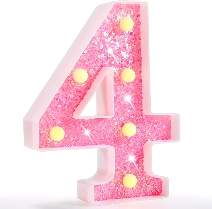 Pooqla Marquee Number Lights, Pink Light Up Numbers for Girls 4th Birthday, Battery Powered Glitter Number Night Light Gift for Christmas Bedroom Dorm Party Decoration, Pink Number 4