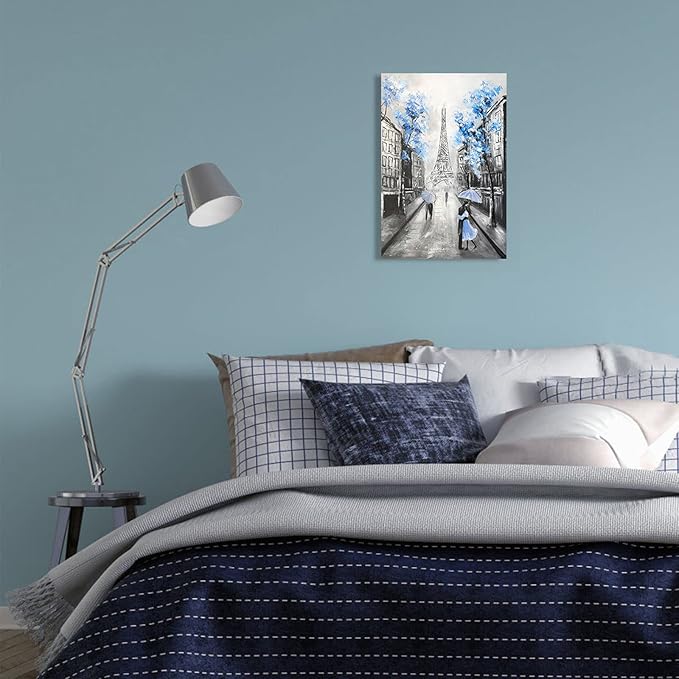 YPY Blue Floral Paris Canvas Wall Art: Black White Eiffel Tower Picture for Living Room Decor, Grey Hand Painted Textured Oil Painting Large Modern Artwork Home Decoration 12" x 17"