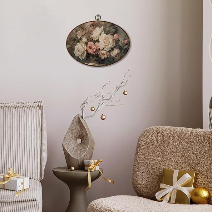 JQF Vintage Rose Floral Oval Wall Decor, Cottagecore Floral Oval Canvas Wall Art, Rustic Moody Botanical Flower Framed Prints Hanging Decor for Home Bedroom Living Room, 11.5x8.5 Inch