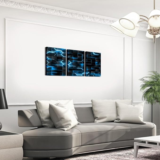 Feelyou Blue and Black Picture Wall Decor 12"x16" 3 Piece Honeycomb Canvas Wall Art Decor Hexagon Theme Office Decorations Artwork Posters Geometrical Beehive Painting