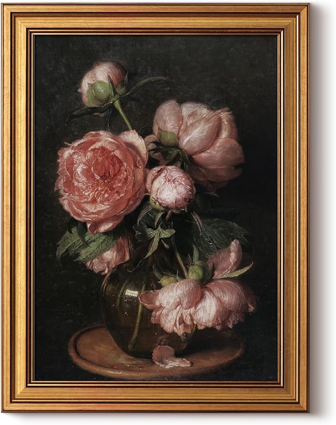ARPEOTCY Gold Framed Canvas Wall Art, 12x16inch, Peonies FLoral Flower Art Prints, Vintage Rustic Decor for Kitchen Bedroom Bathroom Office Shelf, Retro Country Moody Decor,Small