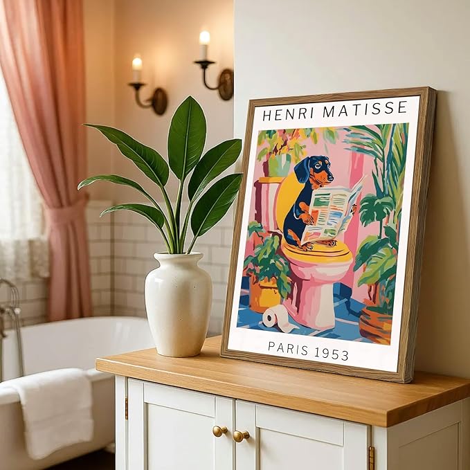 Funny Dog Bathroom Wall Art Henri Matisse Dachshund Bathroom Wall Decor Picture Whimsical Puppy Reading Newspaper in Toilet Poster Painting Canvas Print 16x24 inch Wood Framed