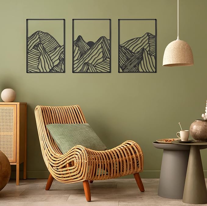 Peryiter 3 Pcs Metal Wall Art Decor Landscape Mountain Wall Hanging Decor for Living Room Abstract Minimalist Modern Mountain Line Pictures Bathroom Office Home Gifts Indoor(Black)