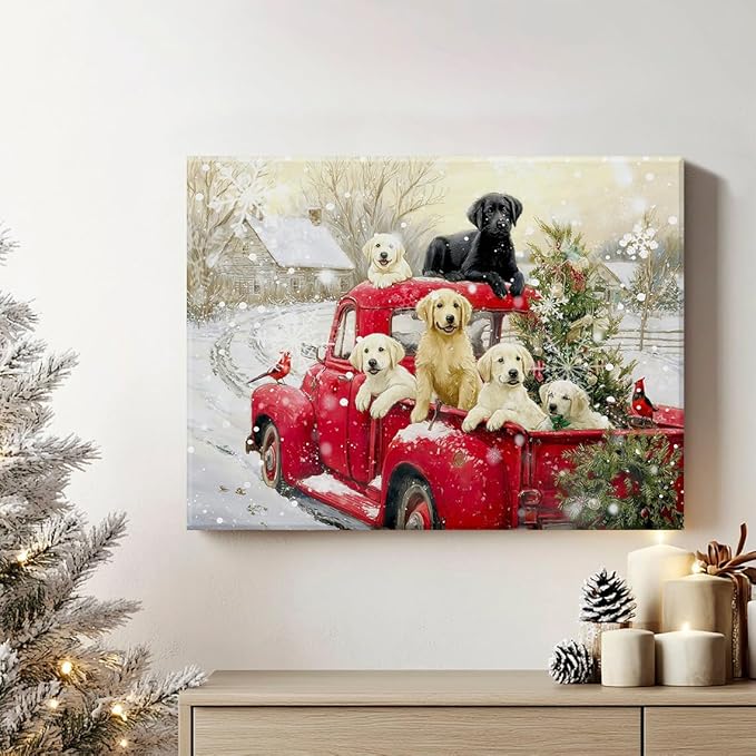 Christmas Wall Art for Living Room Red Pickup Truck Wall Decor Farmhouse Dogs Canvas Prints Christmas Tree Pictures Country Winter Snow Scenic Paintings Artwork Bedroom Kitchen Home Decorations 12x16"