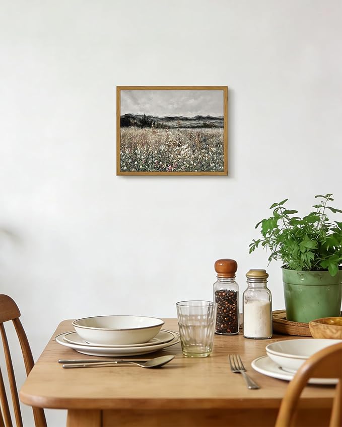 SHENIFY Vintage Landscape Framed Wall Art Meadow Flowers Farmhouse Decor Retro Classic Painting for Kitchen Living Room Bedroom Bathroom - 8x10in Natural Framed