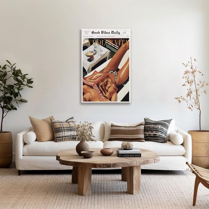 Trendy Newspaper Posters Vintage Good Vibes Daily Wall Art 60s La Dolce Vita Poster Beach Vibe Funky Aesthetic Retro Trippy Art Canvas Prints for Cool Girl Room Home Dorm Decor 24x36inch Unframed