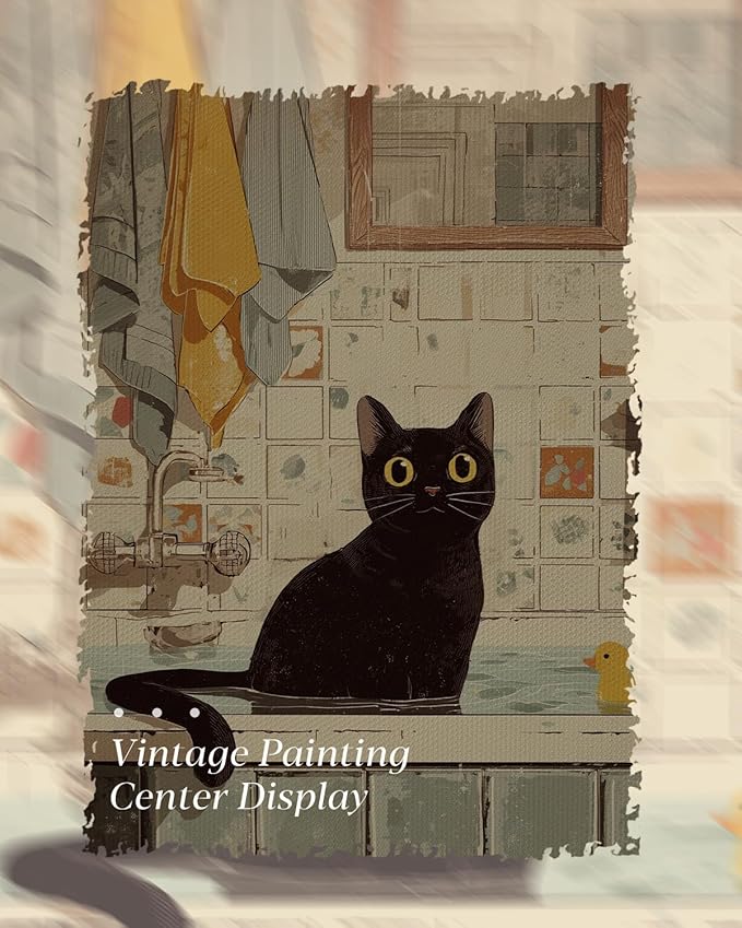 HUARCEY Gold Framed Canvas Wall Art, Bathroom Cat Vintage Decor, Bathroom Shelf Vintage Decor Aesthetic, Retro Decoration for Bathrooms Bedroom Living Room, 12x16Inch