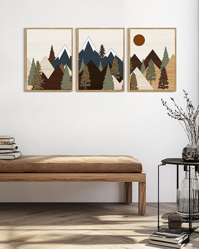 Drsoum Morden Mountains Landscape Wall Art Framed Boho Pine Tree Forest Nature Prints Boho Farmhouse Rustic Artwork Hallway Bedroom Ready to Hang 12x16in Natural Framed