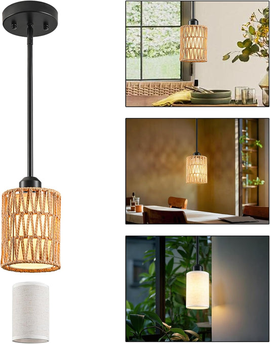 Pendant Light Boho Hanging Lamp, Rattan Hanging Lights with 2 in 1 Linen & Woven Shade, Ceiling Light Fixtures for Kitchen Island, Dining Room, Farmhouse, Bedroom (1 Pack)
