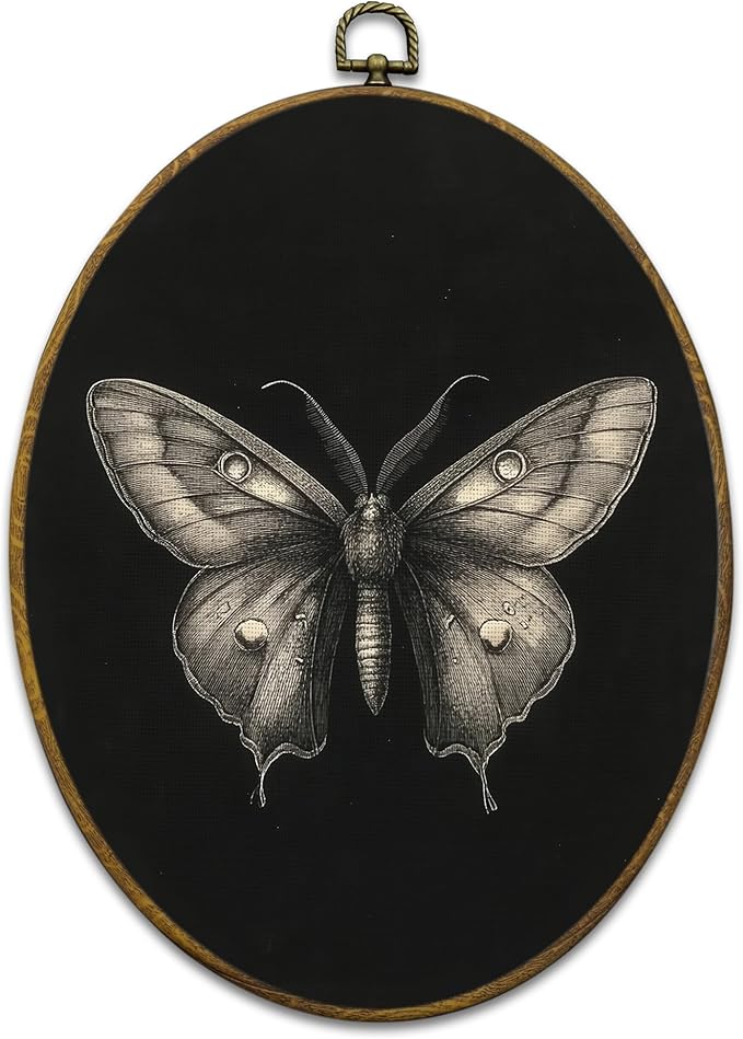 Mcehtle Vintage Butterfly Wall Art Decor, Moody Moth Cottagecore Oval Framed Canvas Prints 8.6x11.4, Academia Insect Wall Hanging Artwork Decorations for Home Gallery Bedroom