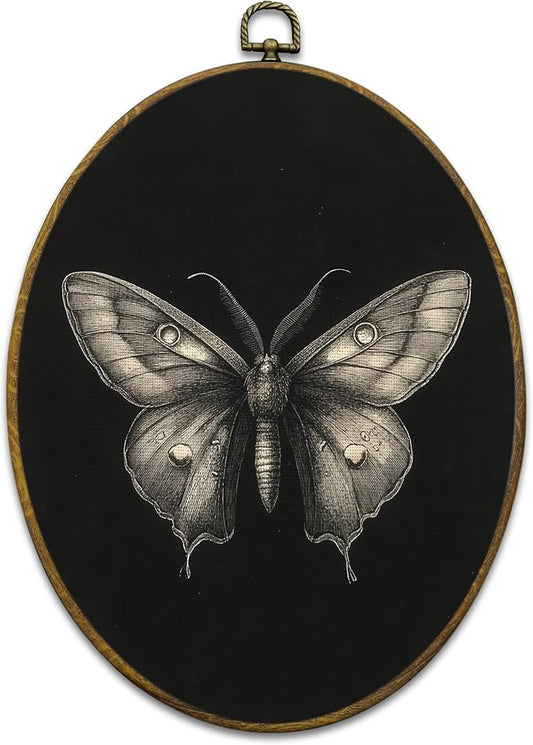 Mcehtle Vintage Butterfly Wall Art Decor, Moody Moth Cottagecore Oval Framed Canvas Prints 8.6x11.4, Academia Insect Wall Hanging Artwork Decorations for Home Gallery Bedroom