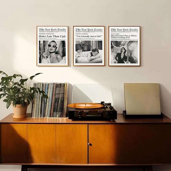 Trendy Feminist Newspaper Wall Art Prints of 6,Retro Black and White Vogue Posters for Room Aesthetic,Audrey Hepbum Fashion Wall Art Bedroom, Vintage Bar Cart Art Feminine Decor for Dorm Apartment,Unframed
