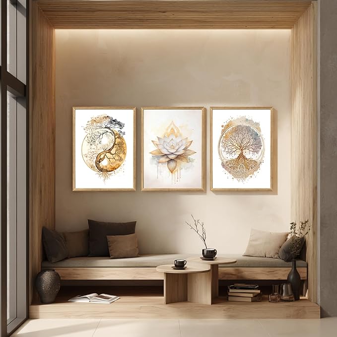 GELDSTEI Tree of Life Wall Art, Calming Zen Wall Decor, Abstract Yin Yang Tree Canvas Painting, Modern Gold Lotus Flower Meditation Poster Print for Living Room Yoga Room Bedroom Wood Framed Set of 3, Each 16x24 Inch