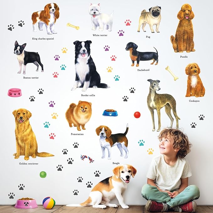 DECOWALL DS8-8045 Dogs Wall Decals Stickers Kids Peel and Stick Removable paw décor Print Room Bone Puppy Bedroom Decorations Wallpaper pet Nursery Baby Golden Retrieve Terrier