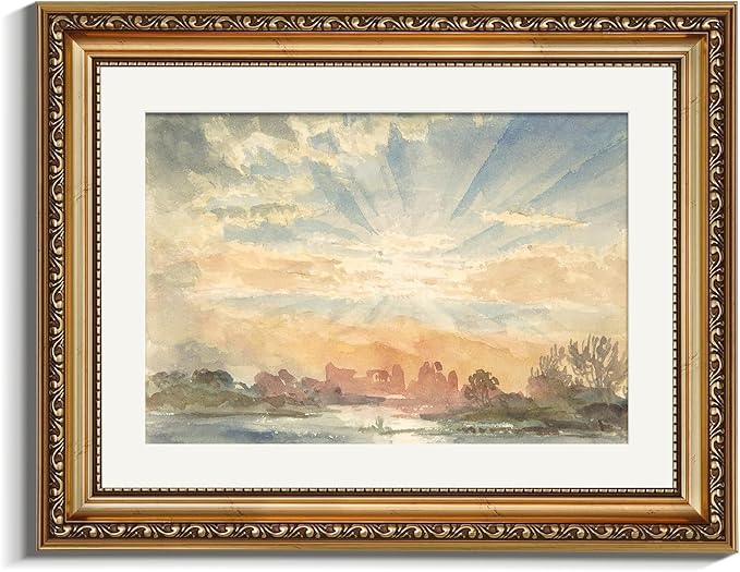 VIYYIEA Gold Framed Serene Watercolor Landscape Sunrise, Elegant Coastal Wall Art for Living Room | Modern Home Decor - No Glass Design, Lightweight Canvas Painting, Chic Accents - 11x14 Inch