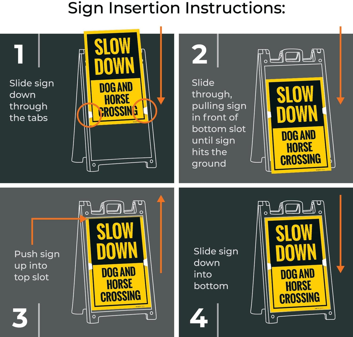 Slow Down Dog and Horse Crossing Sidewalk Sign Kit, 24x36 Inches, with A Frame Stand, Made in USA
