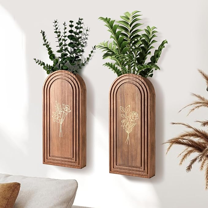 Rustic Wood Wall Planter - Decorative Hanging Vase for Dried Flowers & Artificial Plants, Farmhouse Wall Art Decor for Living Room & Entryway, Set of 2 Faux Greenery Holder (Not for Live Plants)