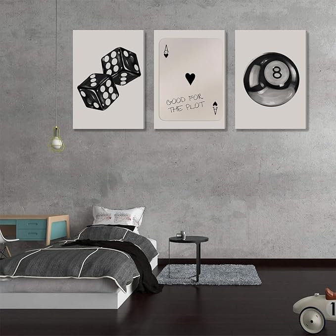 3Pcs Black and White Poker Dice Canvas Wall Art Funky Retro Y2K Trendy Preppy Pictures Lucky 8 Ball Poster Prints Artwork Painting for Game Room Apartment Dorm Aesthetic Decor 12x16in