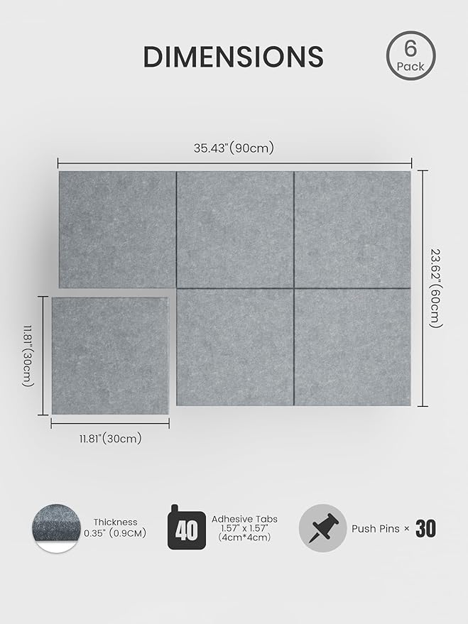 Bumusty Large Cork Board 36" x 24" Alternative - 6 Pack Felt Wall Tiles with 40 Safe Removable Adhesive Tabs, 30 Pushpins, Cork Boards for Walls Pin Board Bulletin Board Office Decor (Blue Gray)