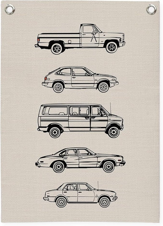Toddler Boy Room Decor, Vintage Car Wall Decor Canvas Banner,Car Playroom Decor Wall Hanging Flag Banner for Little Boy Bedroom,Playroom Nursery 18x25 Inch