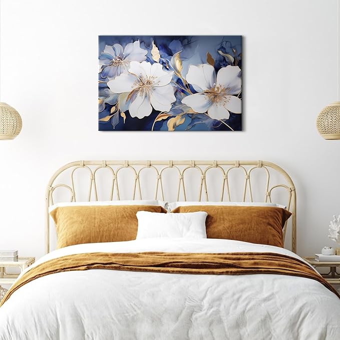 Blue and Gold Wall Art Abstract Flowers Picture Wall Decor Marble Ink Painting Still Life Floral Canvas Prints Poster Watercolor White Floral Artwork for Living Room Modern Home Decorations 24x36"