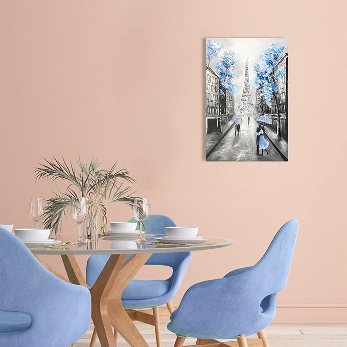YPY Abstract Paris Canvas Wall Art: Black White Eiffel Tower Picture for Living Room Decor, Blue Grey Hand Painted Textured Oil Painting Modern Artwork Home Decoration 16 x 24