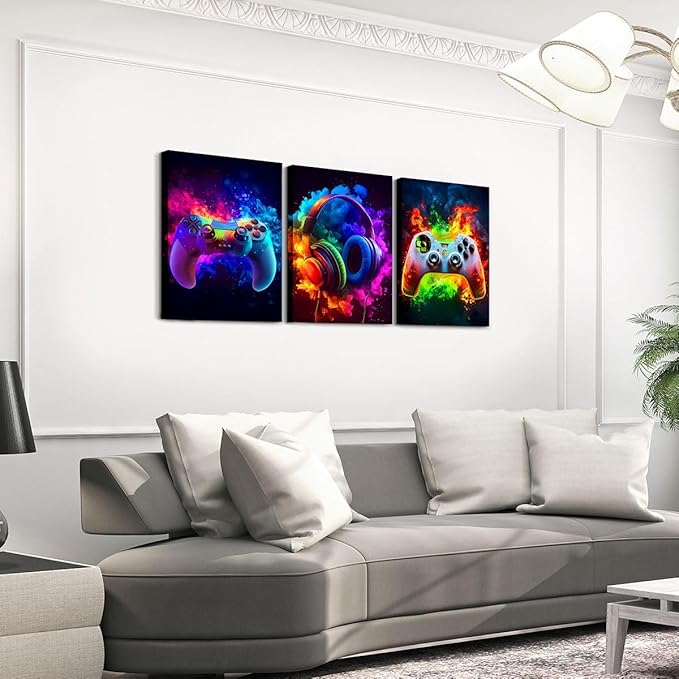 Feelyou Gamer Framed Canvas Wall Art Gaming Wall Decor for Bedroom Game Controller Pictures Painting for Room Office Wall Decorations Gaming Gifts Posters Artwork Gamepad Blue 12"x16"x 3Pcs