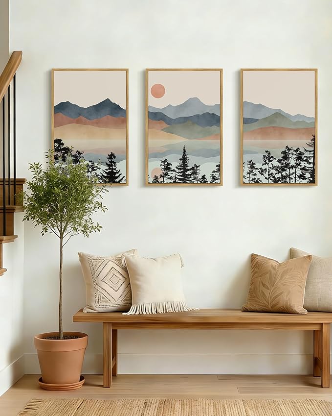 Drsoum Mountain Range Landscape Wall Art Framed Ink Wash Watercolor Nature Wall Decor Laker Sun Rises Prints Bedroom Living Room Ready to Hang 16x24in Natural Framed