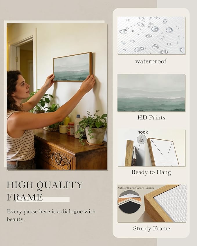 SHENIFY Vintage Landscape Framed Wall Art Foggy Mountain Farmhouse Decor Retro Wilderness Illustrations Decorative for Kitchen Bedroom Living Room Bathroom - 8x16in Natural Framed
