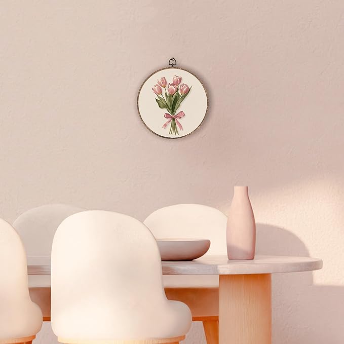 Pink Coquette Bow Tulip Bouquet Floral Round Wall Art Framed, Pink Floral Round Wall Decor, Vintage Flower Hanging Canvas Prints Wall Sculptures for Home Bedroom Living Room Decor, 10x10 Inch
