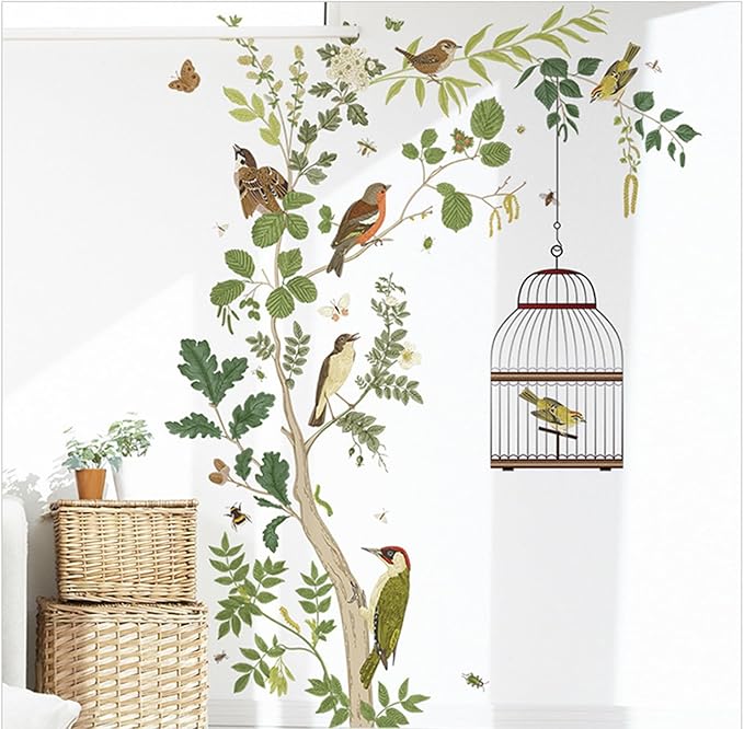 Removable Bird on Bracnch Wall Stickers, DIY Romantic Birdcage Decor Tree Wall Murals Peel and Stick Wall Art Stickers Home Decor for Gilrs Bedroom Nursery Rooms Living Room