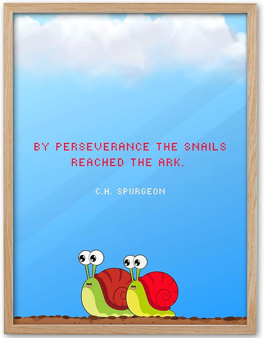 KensTro Natural OAK Wood Nursery Decor Framed Wall Art, 12x16 in Inspirational Christian Bible Verse Wall Art,By Perseverance The Snails Made it To The Ark,Faith for Boys Girls Bedroom Decor Set of 1