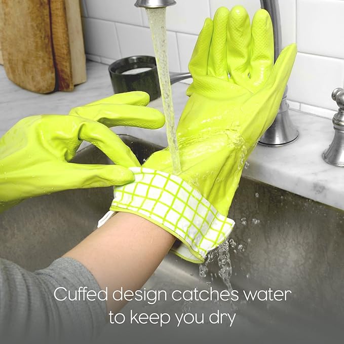 Full Circle Splash Patrol - Natural Latex Cleaning Dish Gloves, Stay-Dry Cotton Cuffs, Durable with Protective Lining, Medium/Large, (1 Pair) Green