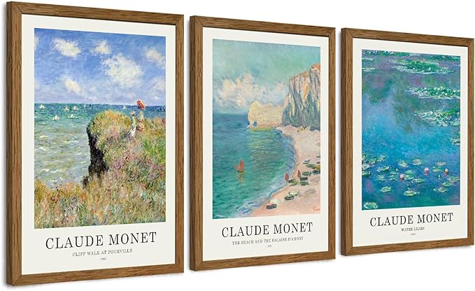 JLTULT 3 Piece Framed Vintage Claude Monet Canvas Wall Art, Impressionism Landscape Wall Decor, The Cliff Walk at Pourville Water Lilies Prints for Living Room Bedroom Office 16x24 in Easy to Hang