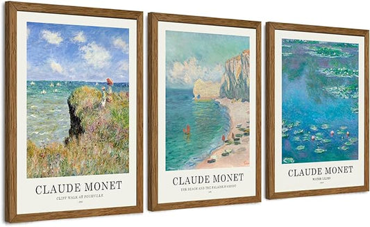 JLTULT 3 Piece Framed Vintage Claude Monet Canvas Wall Art, Impressionism Landscape Wall Decor, The Cliff Walk at Pourville Water Lilies Prints for Living Room Bedroom Office 16x24 in Easy to Hang
