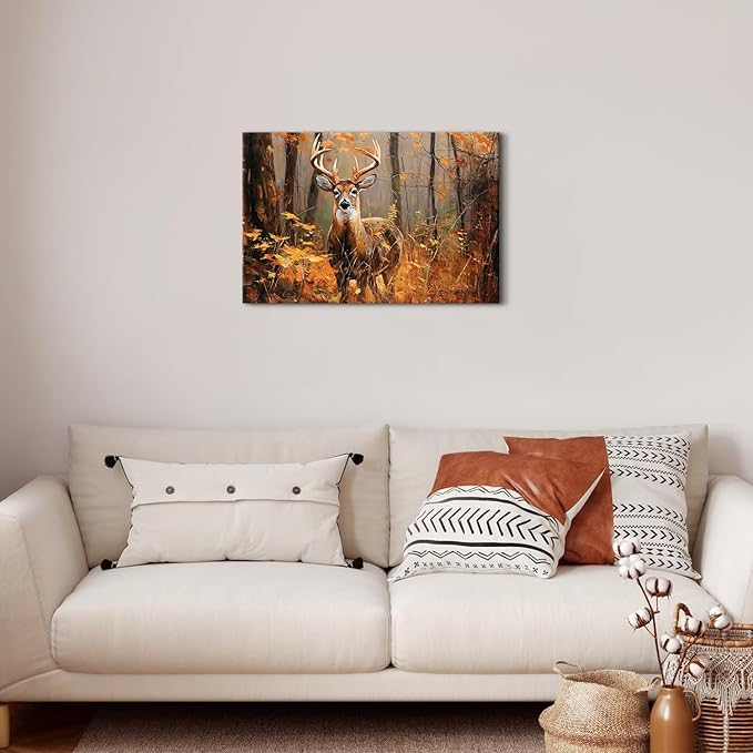 Fall Forest Wall Art Deer Wall Decor Autumn Maple Leaves Landscape Painting Wildlife Animal Canvas Prints Nature Wildflower Pictures Woodland Artwork for Kitchen Living Room Home Decorations 16x24"