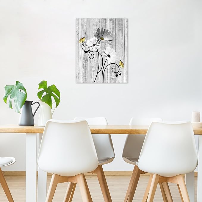 HVEST Grey Daisy Wall Art Vintage Floral and Butterfly on Rustic Wooden Canvas Wall Decor Farmhouse Plant Wall Art for Living Room Bathroom Bedroom Office Decor, 10Lx8W Inches