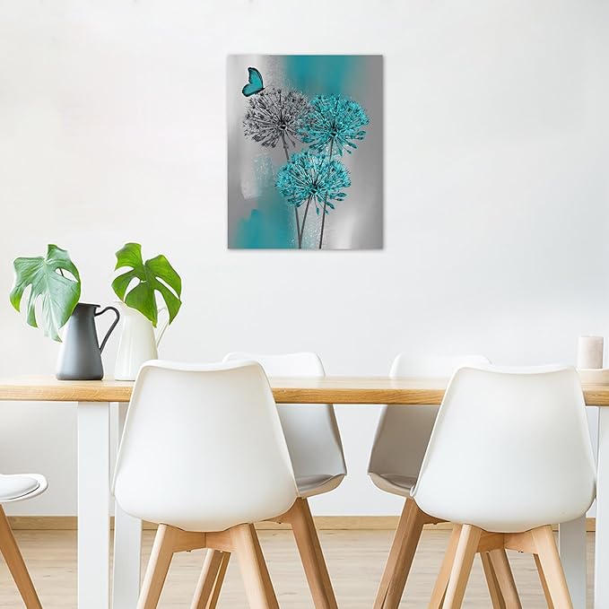 LB Dandelion Canvas Wall Art Teal Grey Dandelion with Butterfly on Abstract Background Wall Art Plant Wall Decor for Living Room Bedroom Bathroom Office Home Framed Ready to Hang 10L x 8W Inch