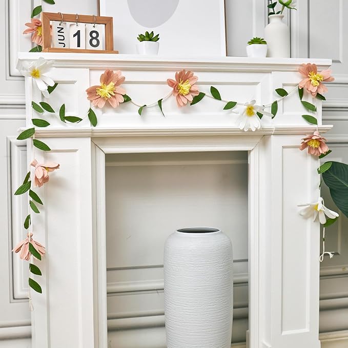 EASY JOY Crepe Paper Flowers Banner White Blush Pink Paper Flower Banner Spring Hanging Paper Flower Garland Paper Leaves Banner for Spring Birthday Wedding Home Decorations